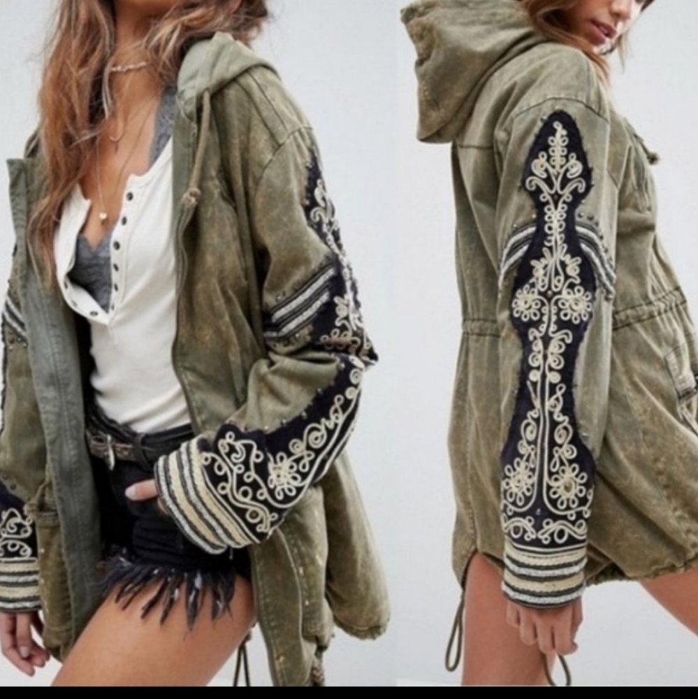 Free People Golden Quills Embroidered Millitary Cargo Hooded Parka